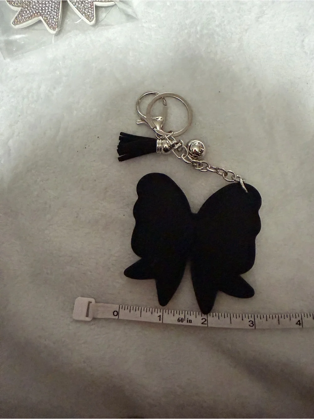 Black Bow w/ White Rhinestones Trim Tassel Keychain Charm